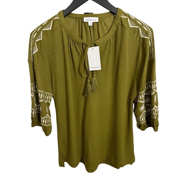 Westbound Tops - NWT Westbound S Small Olive Green Embroidered Ribbed Knit 3/4 Sleeve Peasant Top